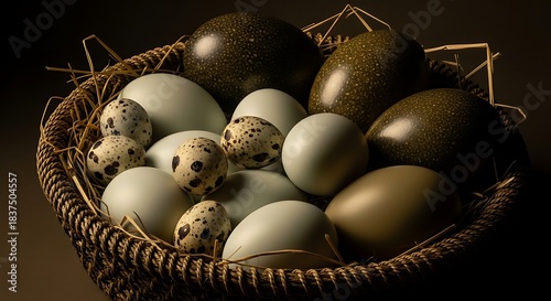 A woven basket filled with a variety of eggs including large dark, medium light, and small speckled eggs.