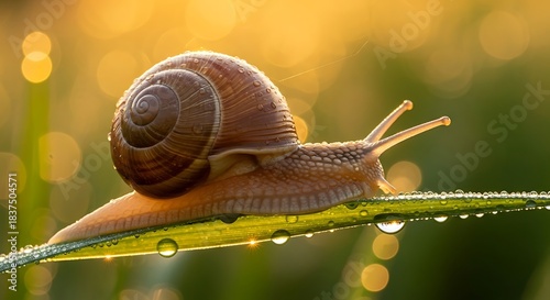 A close-up shot of a garden snail with a spiral shell slowly moving across a dew-kissed green leaf, illuminated by soft golden morning light in a natural setting.