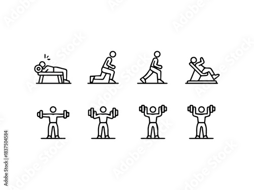 Vector illustration of various fitness exercises including weightlifting and stretching routines shown