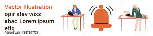 Workplace communication, teamwork, notification alerts, digital collaboration, office environment, productivity. Two professionals at desks with a large alert icon between them. Workplace