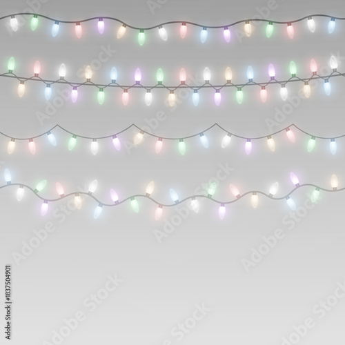 Glowing festoon lights and garlands shining in bright holiday decoration.