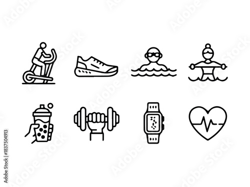 Vector collection of fitness and exercise icons representing various health activities and equipment