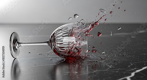 Shattered wine glass with red wine spilling and splattering on a dark reflective surface.