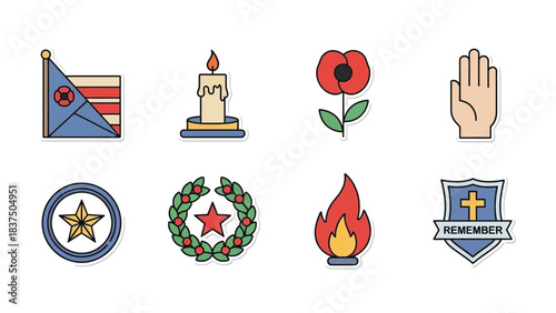 Symbols of remembrance and honor, including a poppy, candle, and laurel wreath.