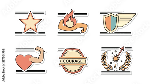 Collection of empowering icons representing strength, victory, and courage.