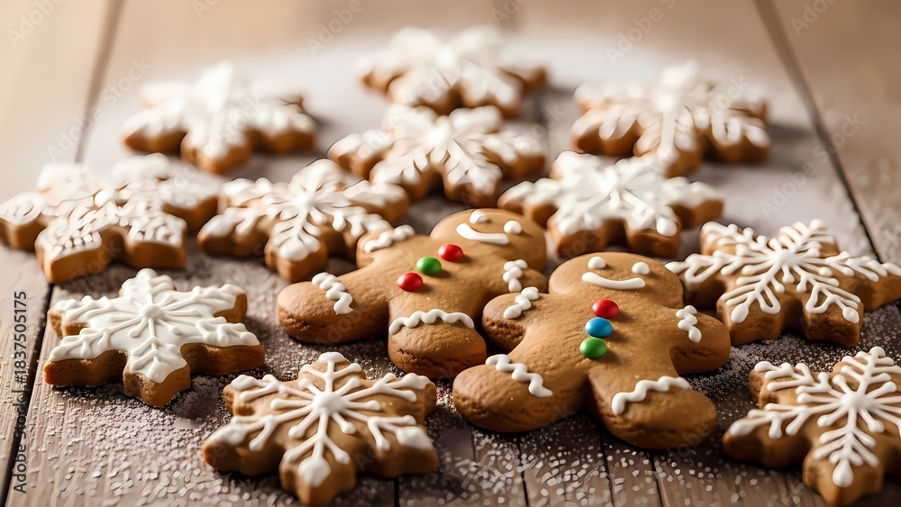 Fototapeta premium Classic Christmas Elements: Gingerbread Cookies, Santa Hat, and Elegant Holiday Gift Boxes with Bokeh Lights