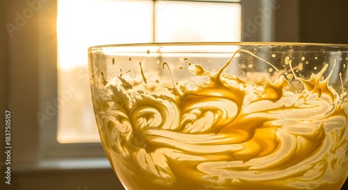 Creamy light brown mixture being swirled in a clear glass bowl, illuminated by warm sunlight from a window.