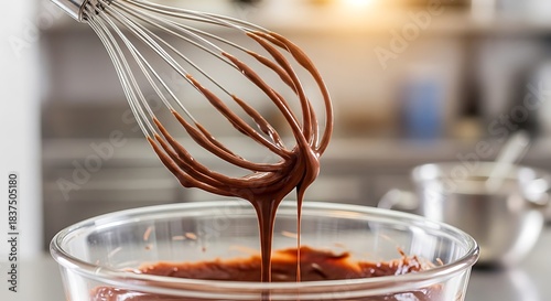A whisk stirring and dripping rich chocolate sauce into a clear glass bowl in a kitchen setting, highlighting the baking process.