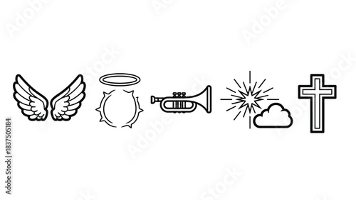 Celestial symbols of faith and afterlife, including wings, halo, trumpet, starburst, and cross.