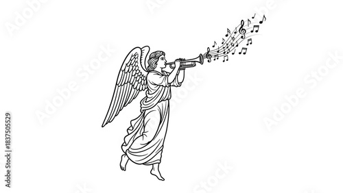 Angelic figure plays trumpet, announcing with musical notes flowing from the instrument.
