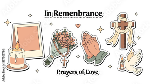 Symbols of remembrance and prayer for loved ones, including a candle, photo frame, rosary, praying hands, and a dove.
