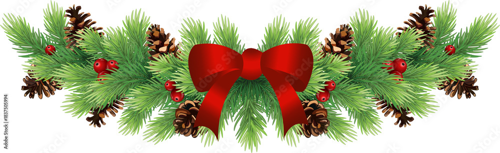 Fototapeta premium Festive green garland of pine, red berries, mistletoe, holly and pine cones. Decorated with trinkets. Transparent, png.