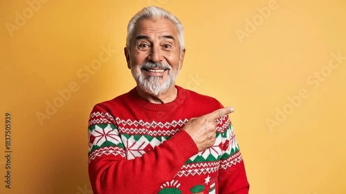 Elderly Man in Ugly Christmas Sweater Points Up With Idea.