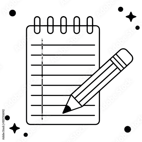 Vector illustration of a notepad with lines and a pencil lying on top surrounded by stars and dots