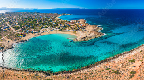 Fototapeta Naklejka Na Ścianę i Meble -  Aerial image of famous Stavros Zorbas beach, Crete Island, Greece, near Chania
