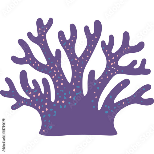 Abstract illustration of a purple branching coral with pink and blue speckles on a black background isolated digitally generated aquatic life form