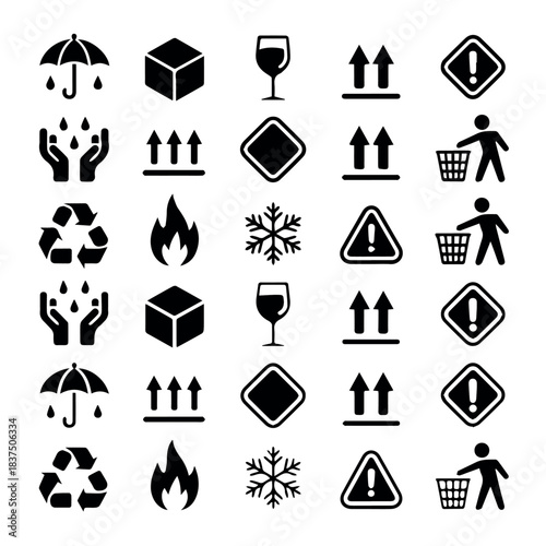 Vector assorted package handling and warning symbols arranged in a grid pattern on white background