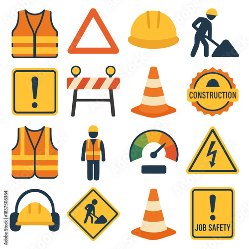 Safety First: A vibrant array of construction-themed icons and safety symbols, perfect for illustrating workplace safety and risk management.