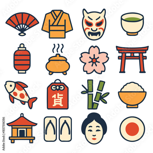 Japanese Cultural Icons: A collection of meticulously crafted, colorful icons representing elements of Japanese culture, from the iconic cherry blossom to the traditional tea ceremony.