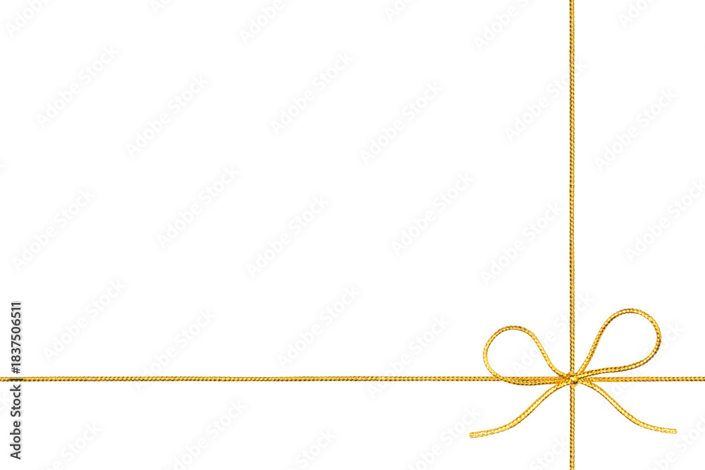 Obraz premium Golden Rope String with Knotted Bow in Corner Isolated on White and Png Transparent Background