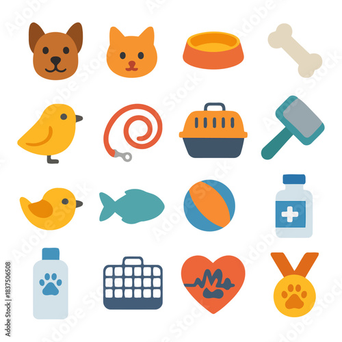 Pet Supplies Illustration: A collection of essential pet supplies, including food bowls, toys, and grooming tools, against a clean background, symbolizing all needs of a pet.