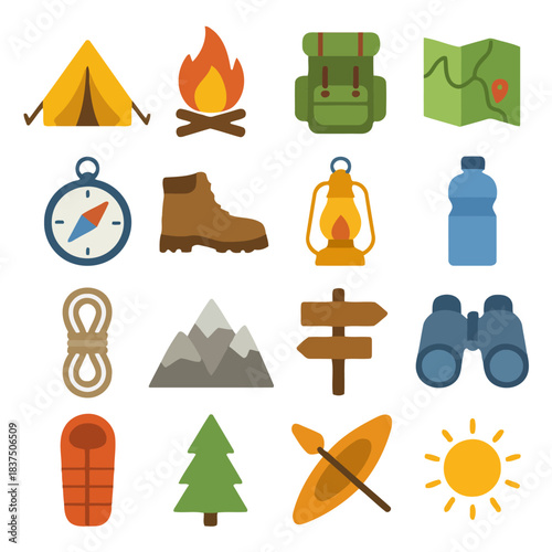Camping Adventure Essentials: An array of camping icons is set against a simple background, symbolizing the gear and activities integral to a wilderness journey.