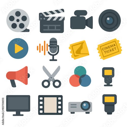 Film Industry Icons: A collection of vibrant and colorful icons representing the tools, elements, and experiences of filmmaking. These icons are ideal for creative projects