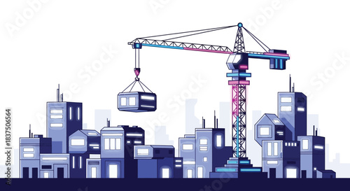 Construction crane lifting container over city buildings urban development concept 1.