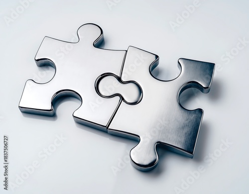 Silver Metallic Puzzle Pieces Connected – High-Resolution 3D Illustration