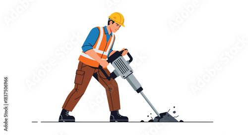 Construction worker operating a jackhammer focused on road work.