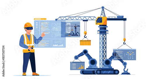 Construction worker using virtual reality to control robotic arms and crane.