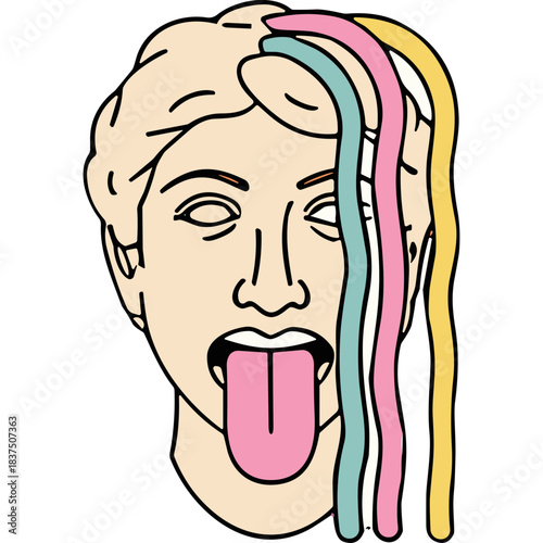 Abstract Psychedelic Head Sculpture With Rainbow Melts and Tongue Out In Bold Outline Style On Black Background