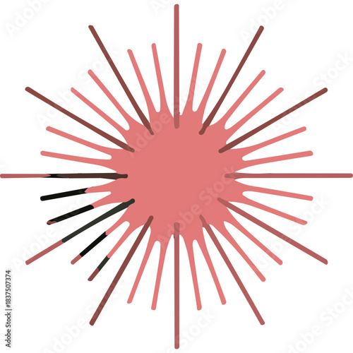 Abstract radial burst of pink and brown lines emanating from a central amorphous shape against a stark black background creating a vibrant starburst effect