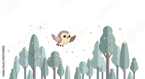 Cute cartoon owl soaring through the air with outstretched wings flying freely.