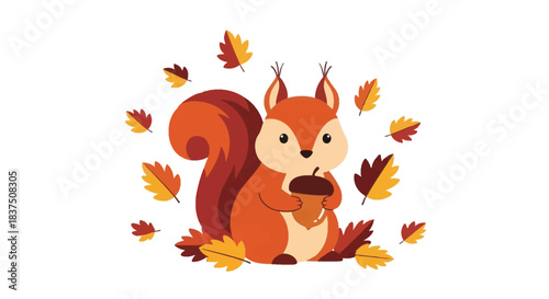 Cute cartoon squirrel holding acorn surrounded by autumn leaves in fall season.