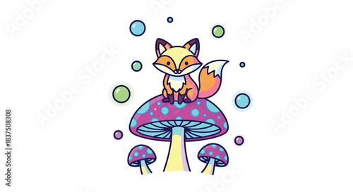 Cute fox sitting on a colorful mushroom with bubbles around it.