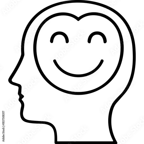 Black and white illustration of a human head profile with a happy smiling face symbol inside enclosed in a heart shape representing positive thoughts and mental well-being
