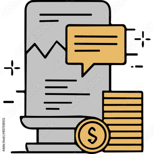 Accounting Receipt With Stack Of Coins And Speech Bubble Representing Financial Transaction And Communication In A Clean Aesthetic Style