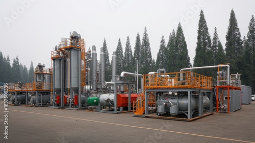 Outdoor industrial facility featuring an array of silver tanks and colorful machinery amidst evergreen trees under an overcast sky.