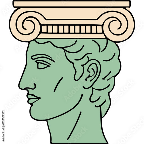 Ancient Greek Sculpture Profile of a Head Topped With Ionic Column Capital In Light Peach and Light Green Tones With Black Background