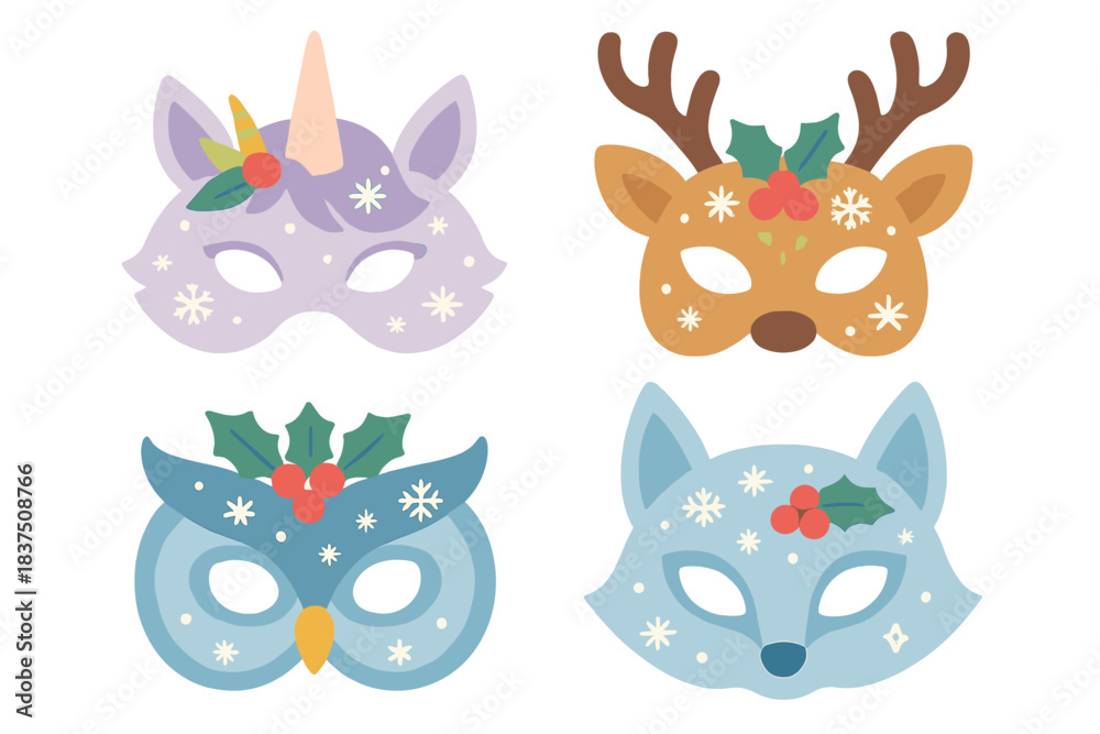 Obraz premium Animal masks flat icon set. featuring owl, unicorn, reindeer, and fox