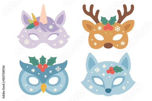Animal masks flat icon set. featuring owl, unicorn, reindeer, and fox
