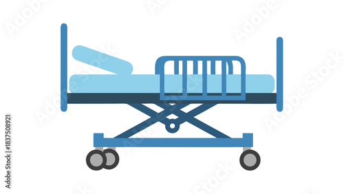 Blue Hospital Bed with Adjustable Headrest and Wheels on Black Background Vector Illustration Medical Equipment Health Care Facility Furniture Symbol