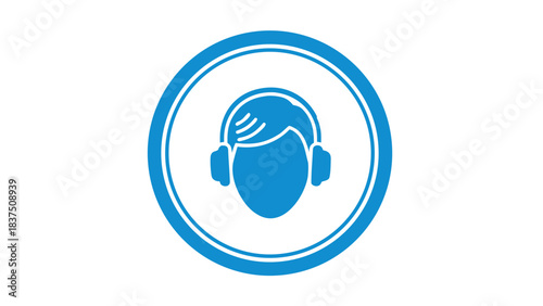Blue Icon Of A Human Head Wearing Headphones Inside A Circle On Black Background