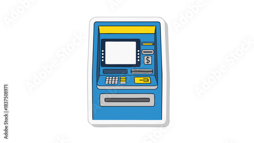Blue And Yellow Automated Teller Machine With Blank Screen Isolated On Black Background Graphic Illustration With Clean Lines And Simple Design