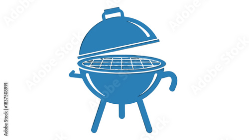 Blue Barbecue Grill With Open Lid and Grate Isolated on Black Background Simple Icon of Cooking Appliance