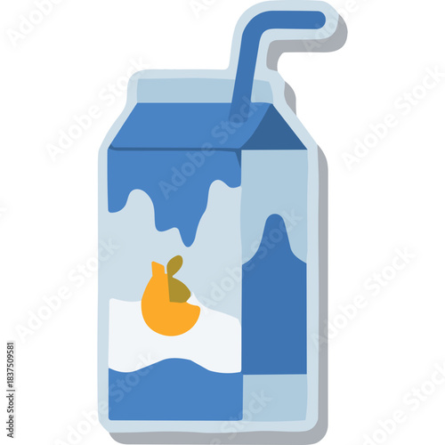 Blue carton beverage with straw and orange fruit graphic on white and blue liquid inside clean illustration on black background