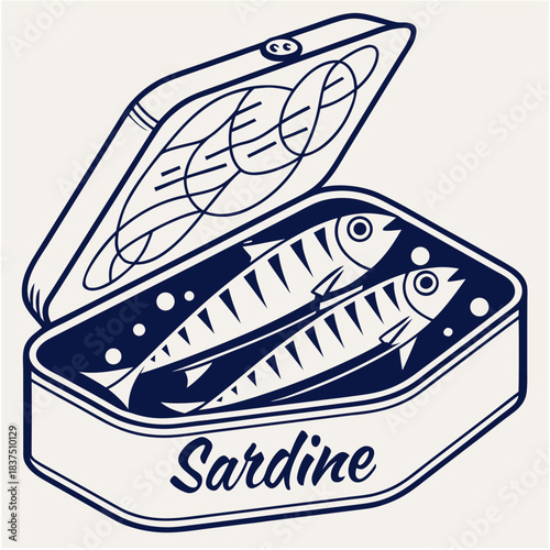 Elegant minimalist design of an open sardine can featuring two fish ready for consumption in a stylish vintage graphic