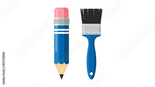 Blue Pencil With Pink Eraser And Paintbrush With Black Bristles On Black Background Flat Design Vector Illustration