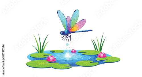 Dragonfly gracefully hovers above the tranquil water lily pond creating a serene scene.